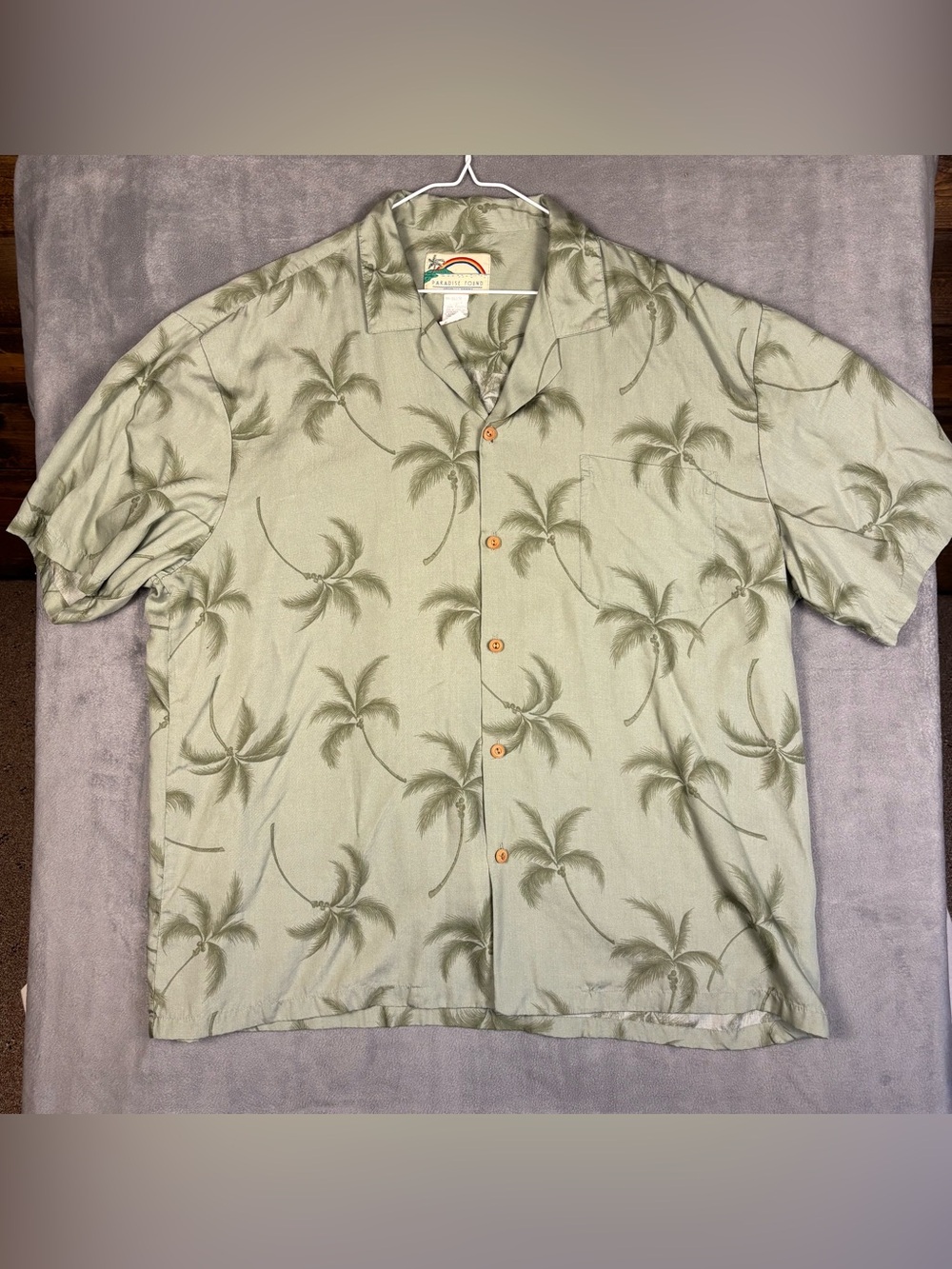 Vintage 90’s Paradise Found Mens XL Rayon Hawaiian Shirt Palm Trees Green Hawaii